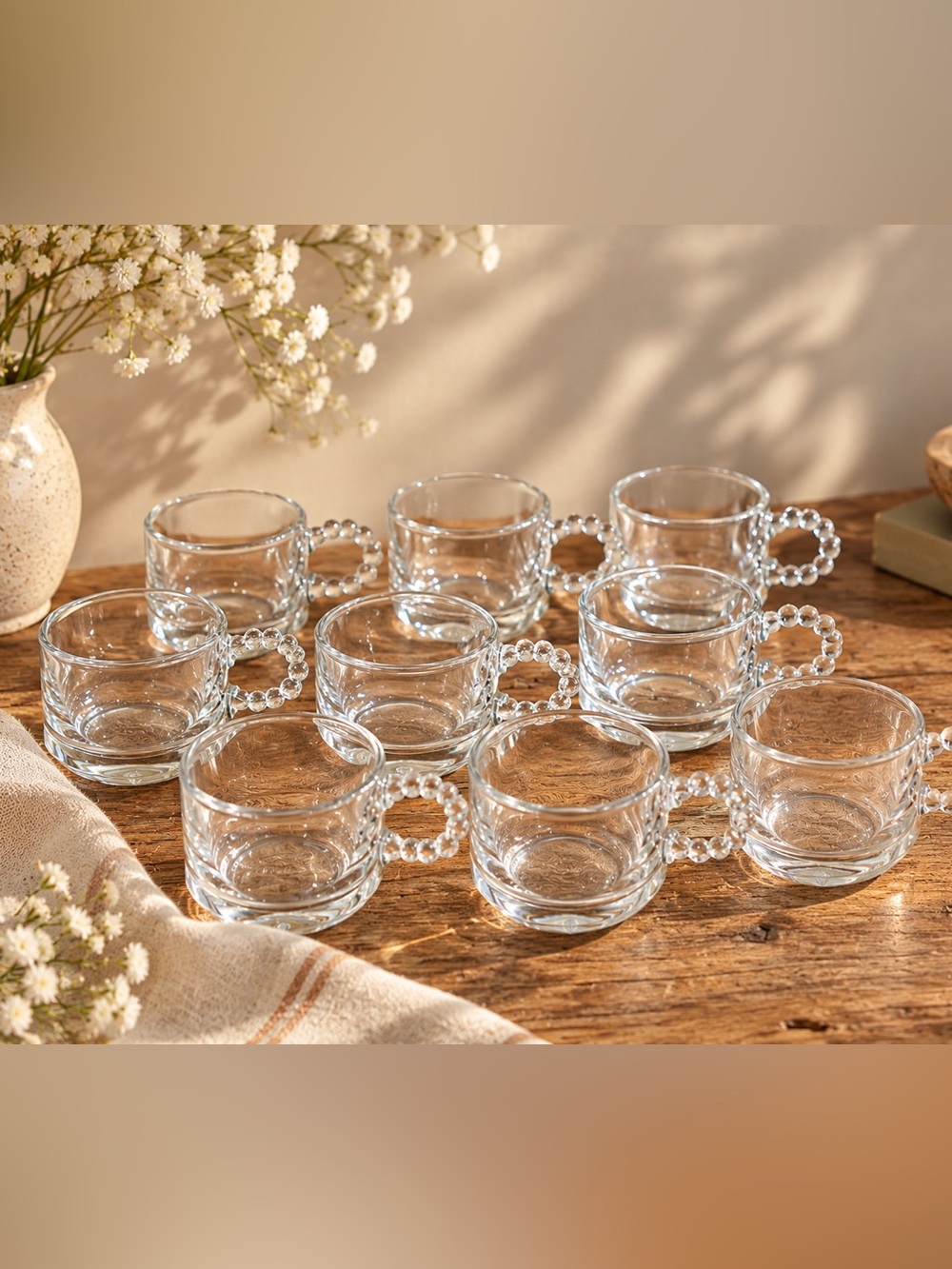 Vintage Hazel Atlas Glass Cups Set: Beaded Handles, 1950s (set of 8)
